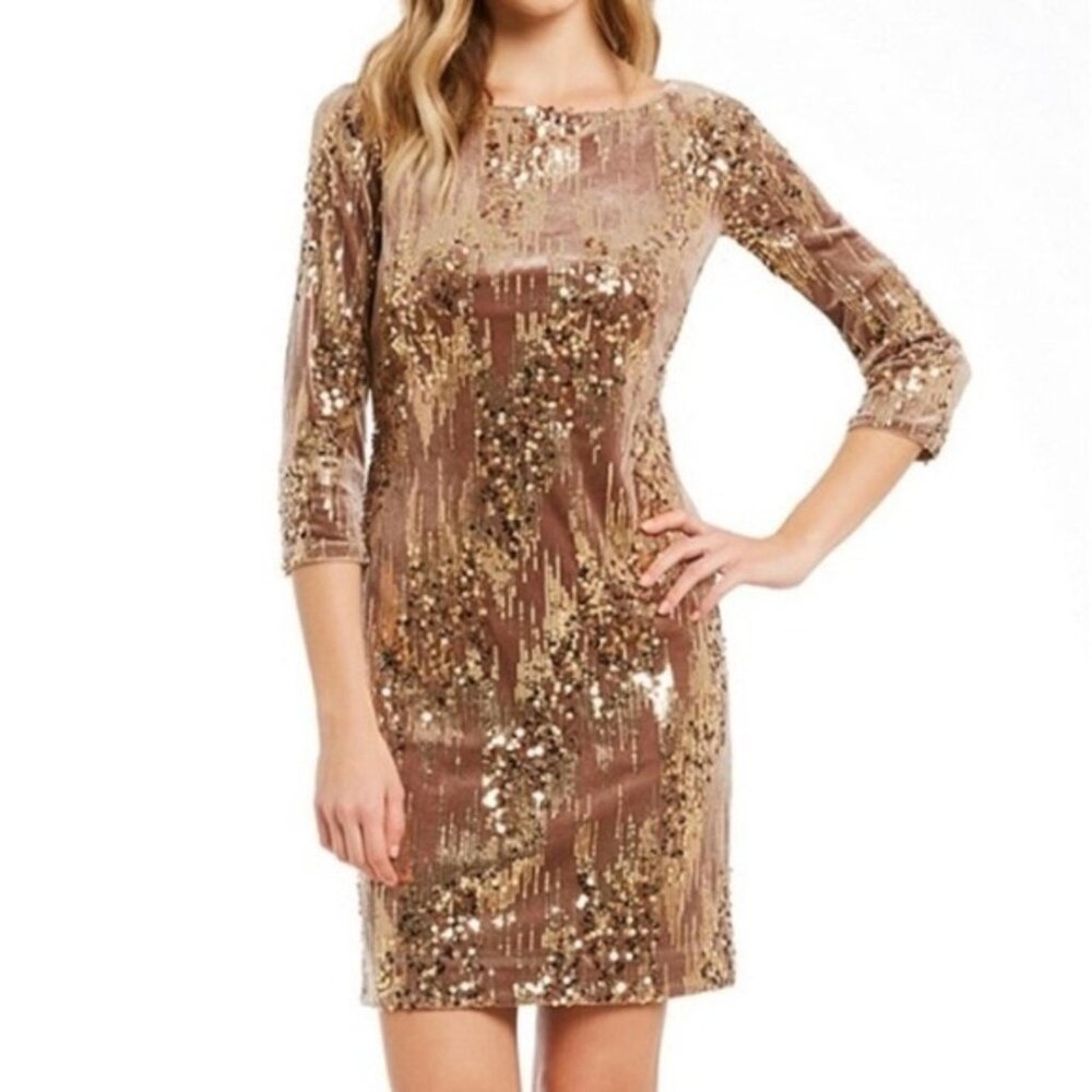 Eliza J Gold Sequin Velvet Sheath Dress- Size 4 (New with tags)